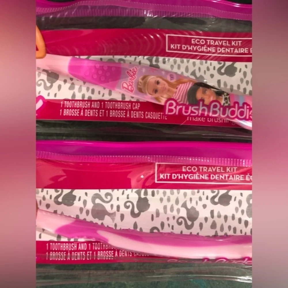 6pc Barbie pink kids children little girl toothbrush, cap & pouch eco travel kit